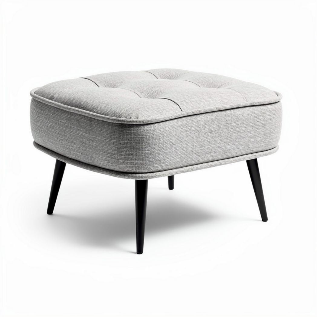 Ottoman aus grauem stoff mit schwarzem holzgestell 60 x 60 x 40cm