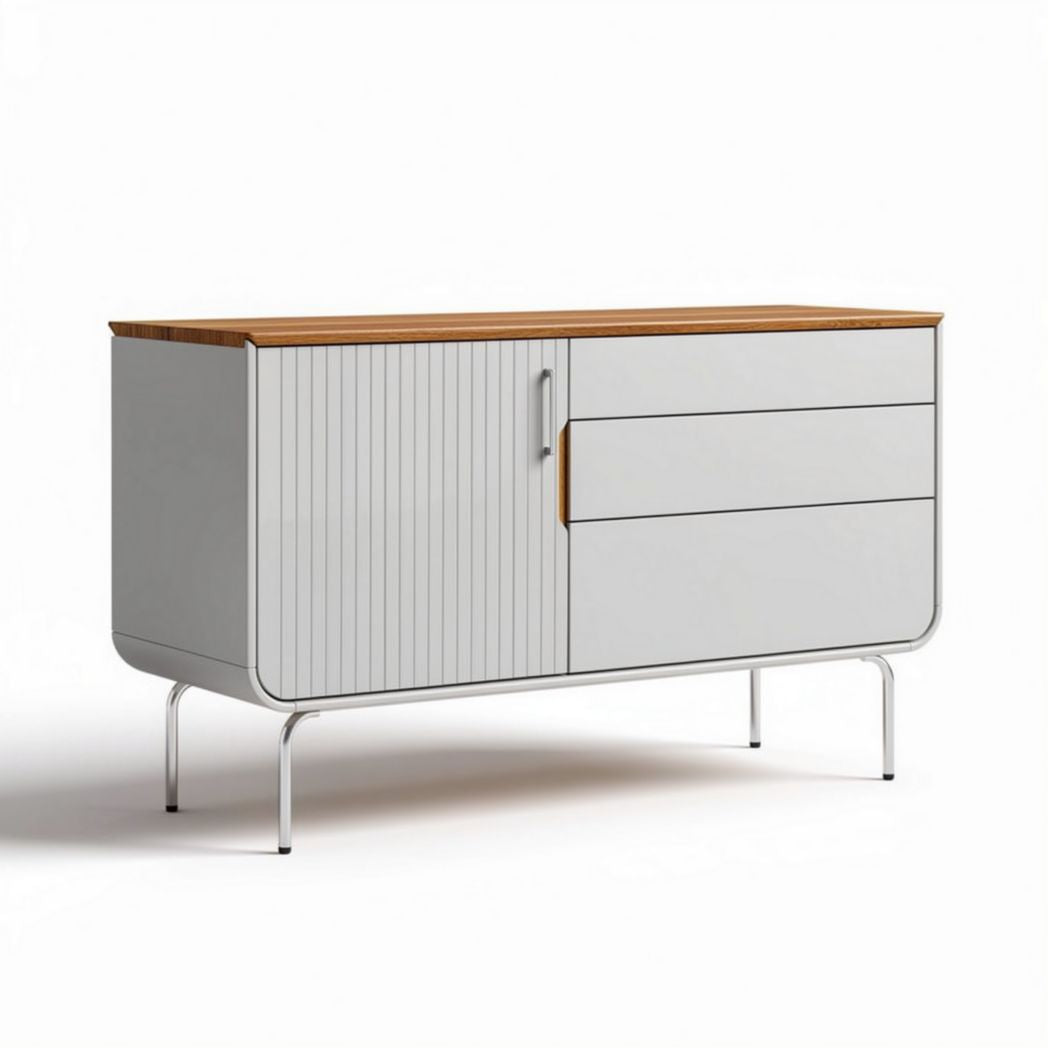 Sideboard aus weißem Holz mit Eiche Optik und zwei Schubladen 150 x 40 x 75cm
