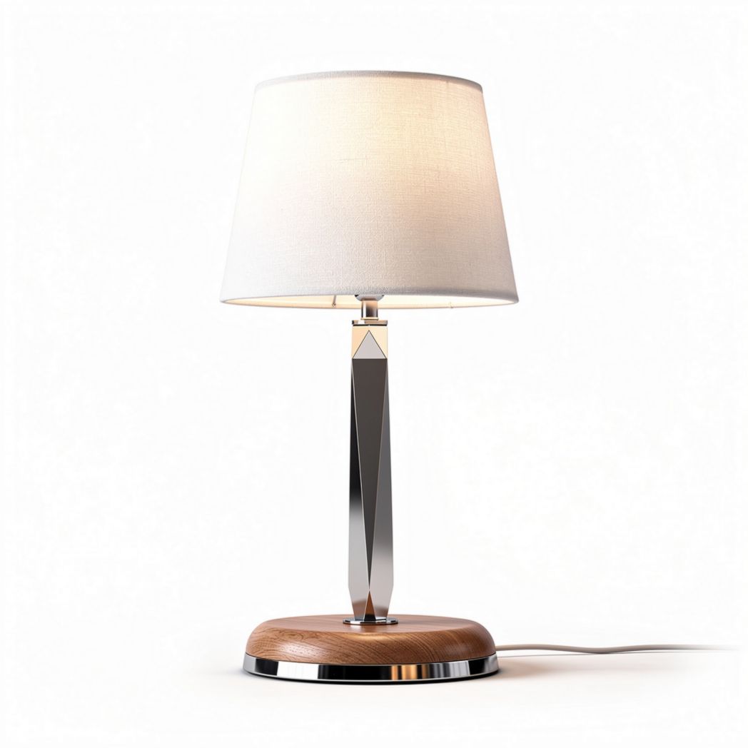 Tischlampe mit stoffschirm und holzsockel aus eisen und glas 30 x 25 x 50cm