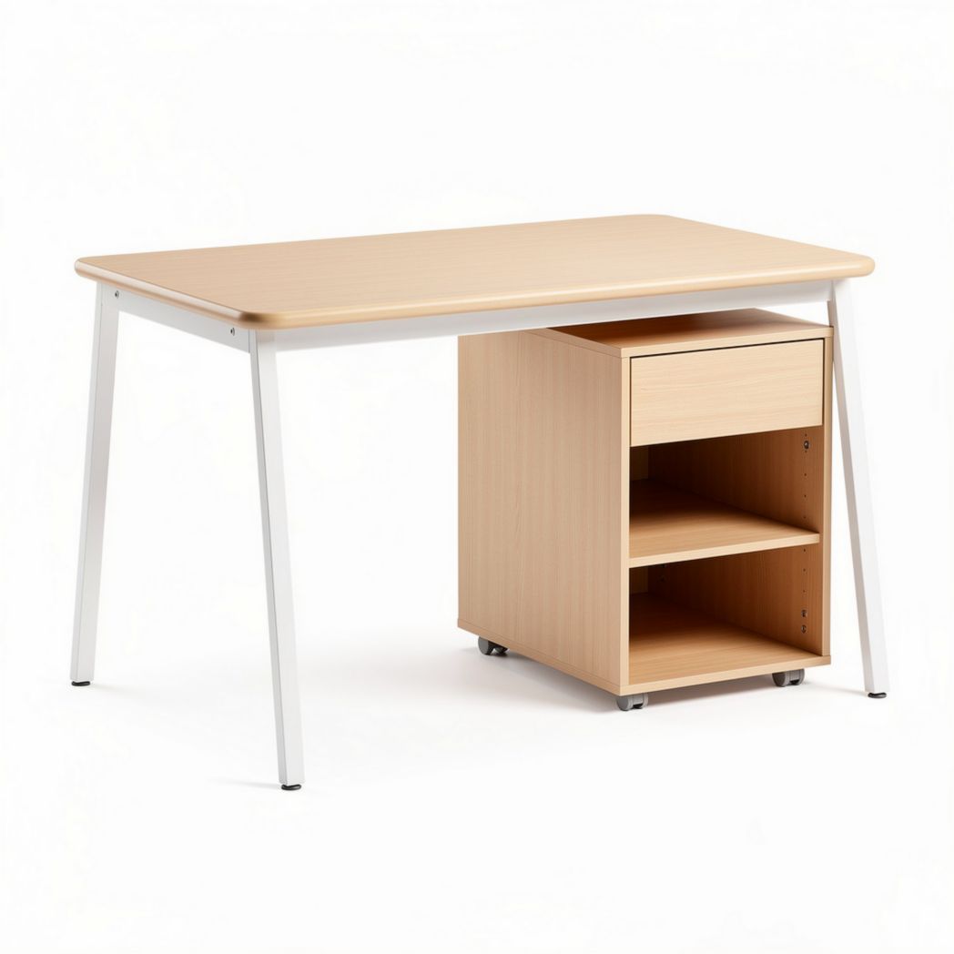 Schreibtisch aus holz mit schublade und offenen fächern in beige 120 x 60 x 75cm