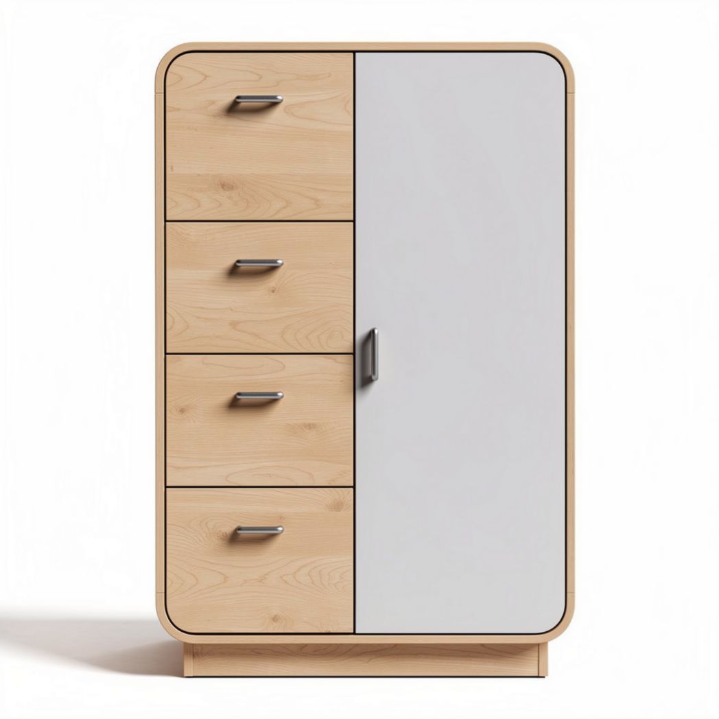 Bücherregal aus holz mit vier schubladen und einer türe in grau und natur 80 x 50 x 110cm