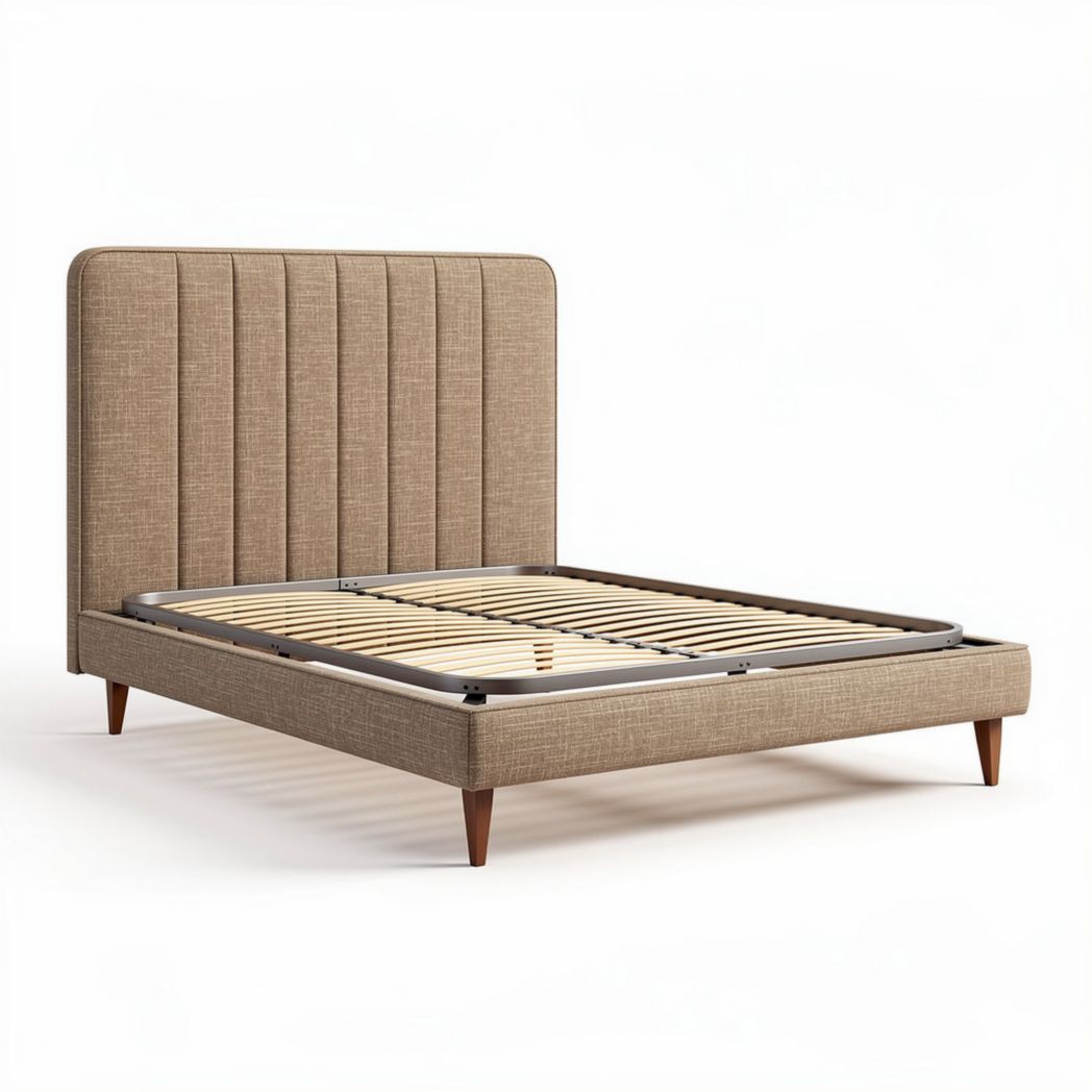 Bettrahmen mit gepolsterter Kopfteil in beige 200 x 160 x 30 cm aus Holz und Metall