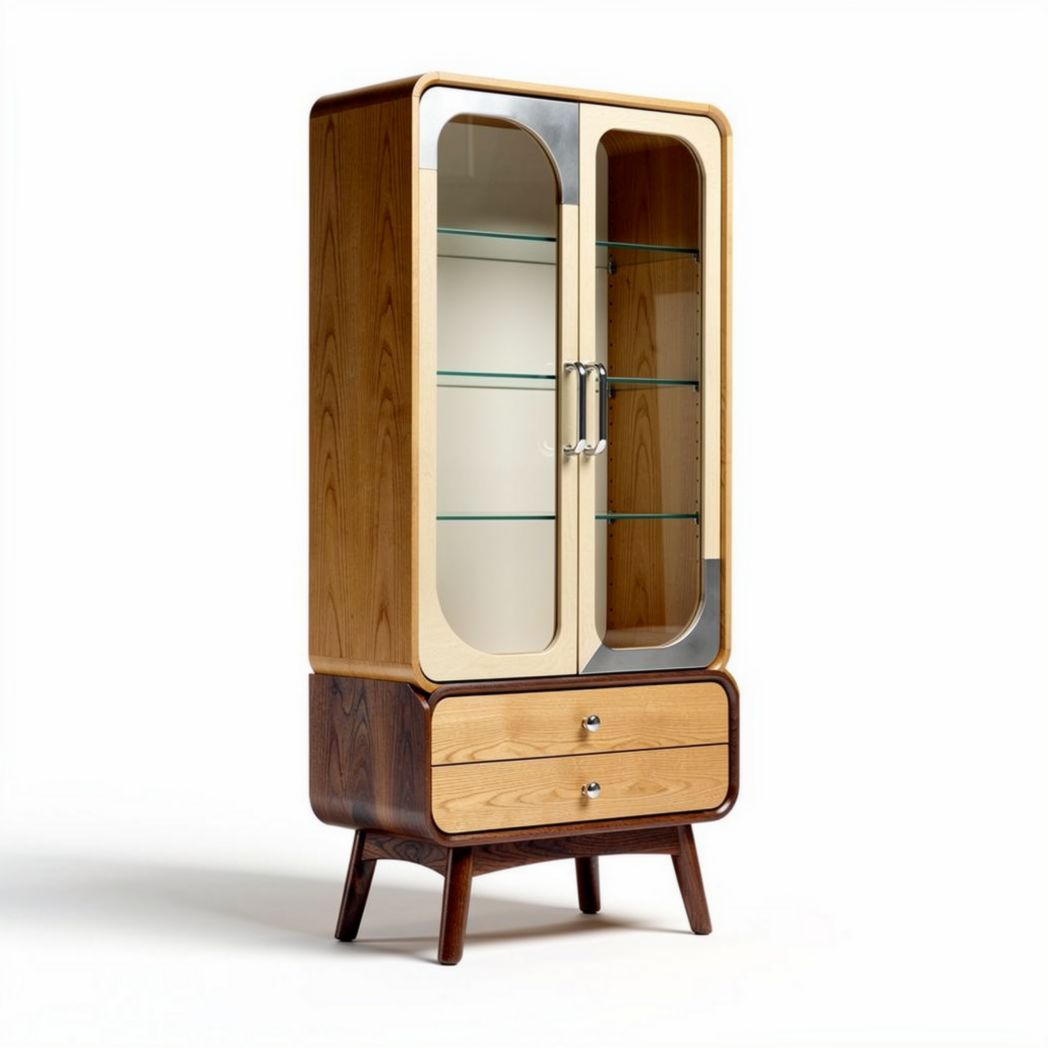 Vitrine aus hellem Holz mit Glastüren und zwei Schubladen 80 x 40 x 160cm