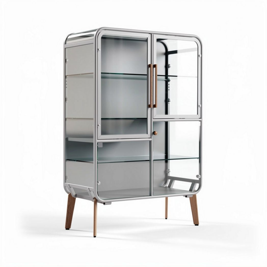 Vitrine aus glas und metall mit holzfüßen 80 x 40 x 120cm transparent silber